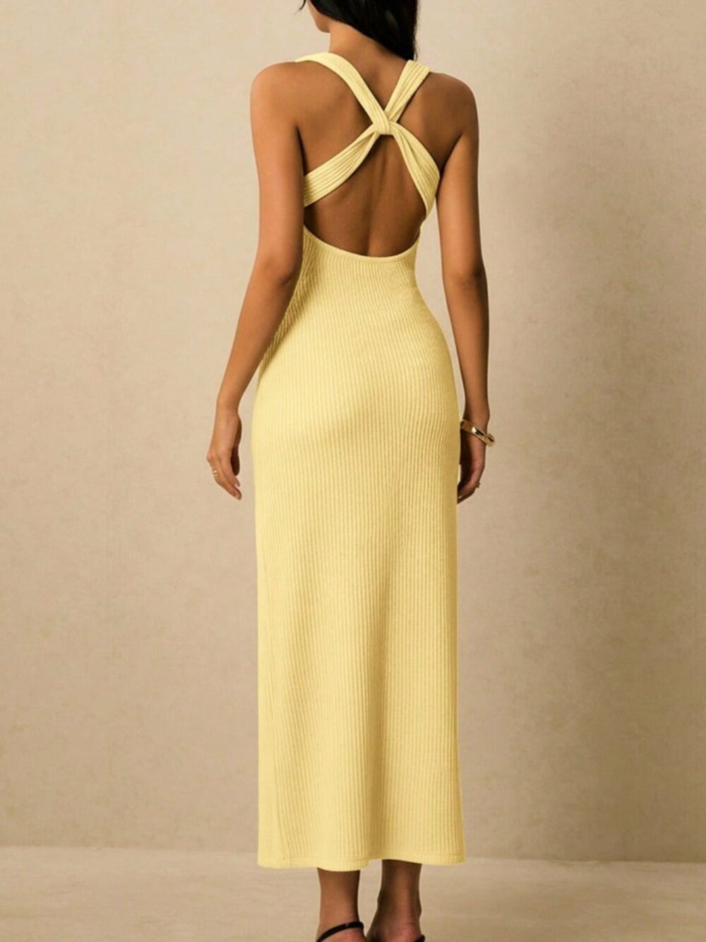 Light Yellow Sexy Women's Sweetheart Neck Fitted Elegant Sleeveless Dress - Picture 3 of 7